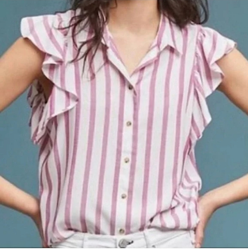 NWOT Anthro Maeve Fairhope Pink Striped Button Down Flutter Sleeve Top Viscose